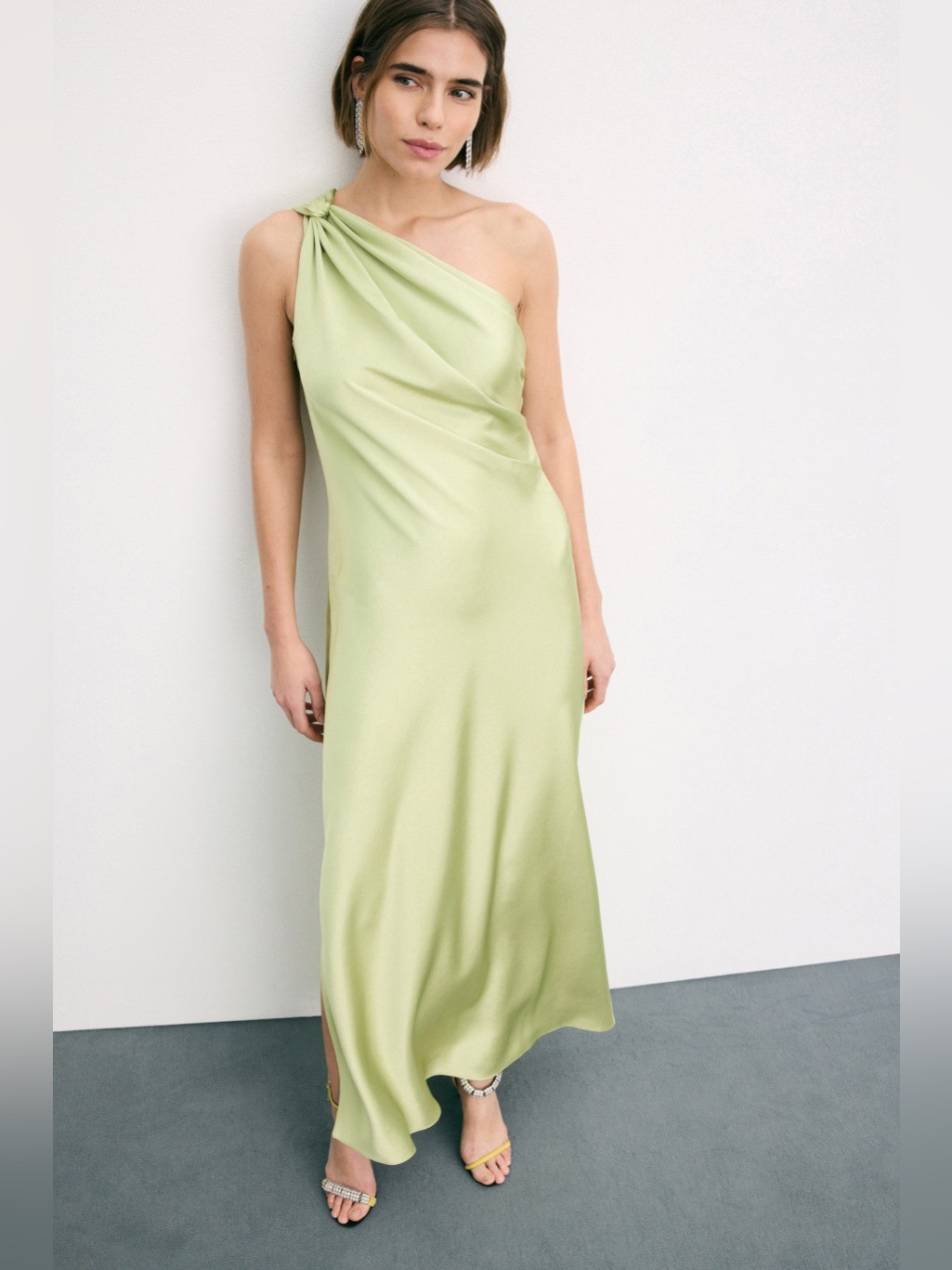Taylor One-Shoulder Slip Dress In Pistachio